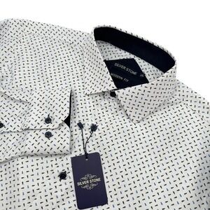 Silver Stone Mens XXL White Blue Black Print Long Sleeve Dress Shirt Modern‎ Fit